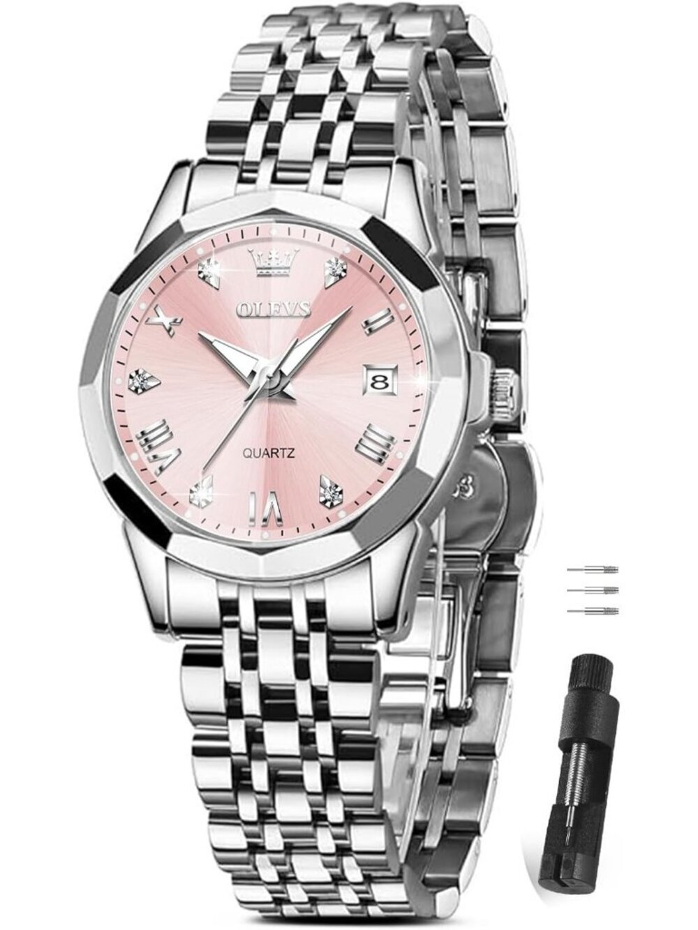 Women's Pink Dial Diamond Silver Stainless Steel Waterproof Elegant Luxury Watch